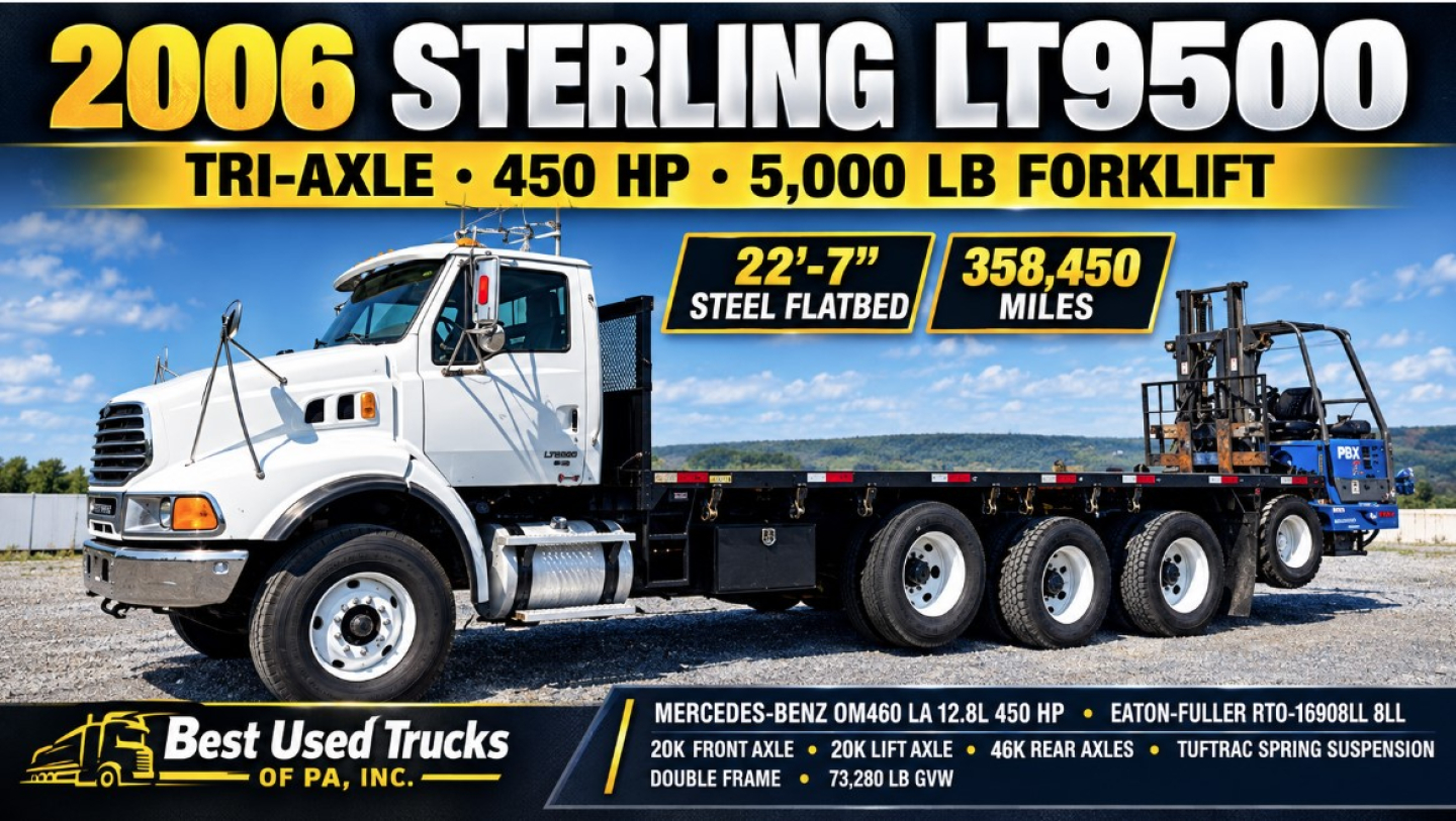 2006 Sterling LT9500 flatbed truck with tri-axle, 450 HP, 5,000 lb forklift, 22'7" steel flatbed, 358,450 miles banner and vehicle details.