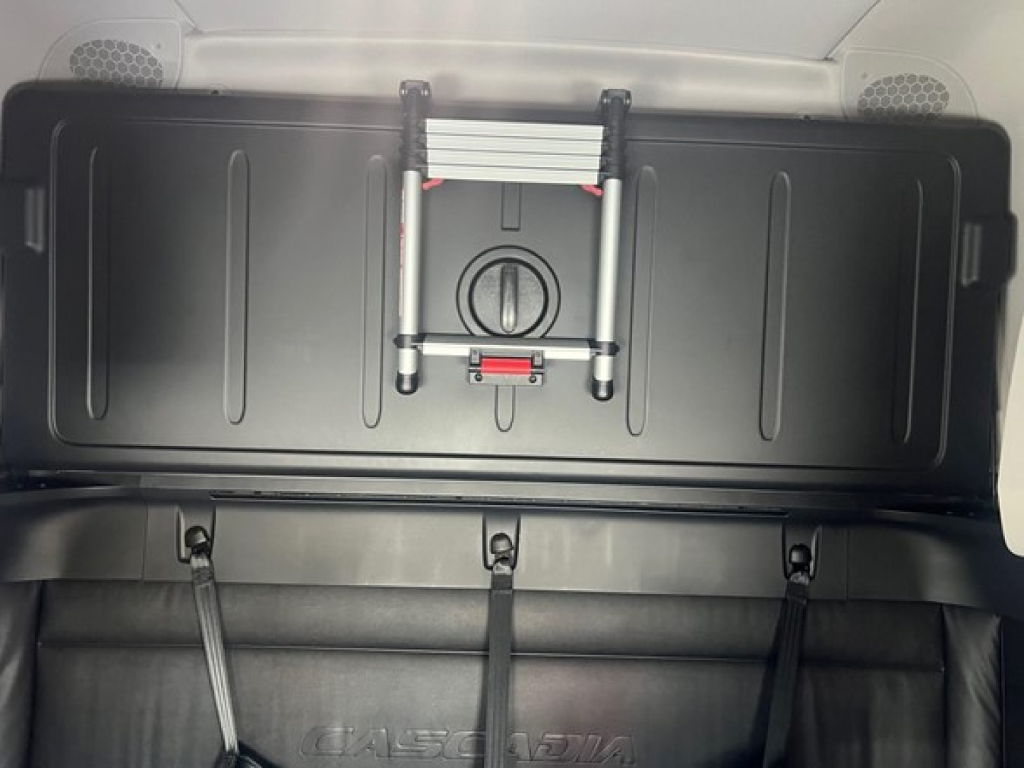 Freightliner Cascadia engine bay area showing a storage hatch and mounting straps with a vertical handle and locking mechanism.