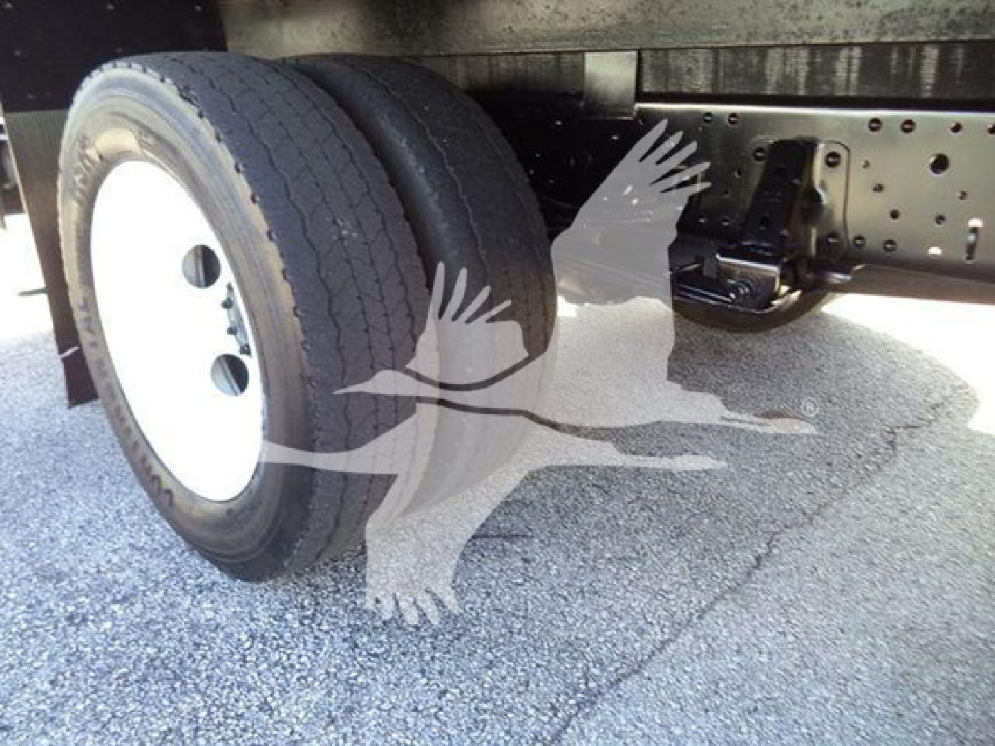Isuzu NPR HD truck undercarriage with dual rear tires and chassis frame visible.