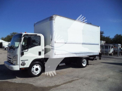 Isuzu NPR-HD box truck with white cab and box, side view. No visible text or labels on the vehicle itself.