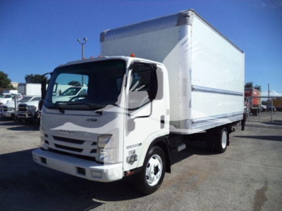 Isuzu NPR-HD box truck with white cab and box, front view, side of box shows no legible texts visible.