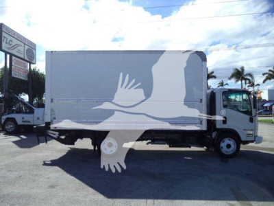 Isuzu NPR HD box truck showing side profile with a large graphic of a bird in flight on the box.