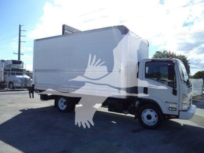 Isuzu NPR HD box truck with stock number T01445 visible. Side view shows cargo box and cab, front grille and wheel.