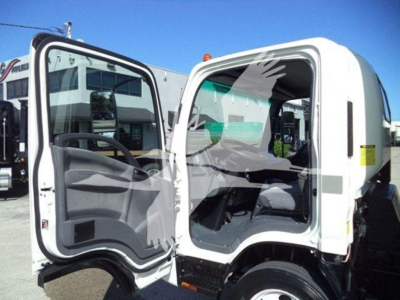 Isuzu NPR HD cab interior view with doors open showing driver and passenger seats and dashboard.