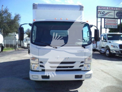 Isuzu NPR HD box truck front view showing cab and cargo box with Isuzu emblem on grille.