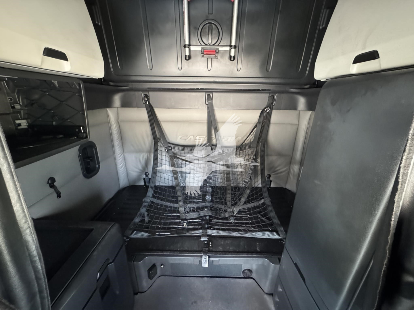 Freightliner Cascadia 126 sleeper cab interior showing cargo area with netting and bed, side storage panels, and overhead ceiling.