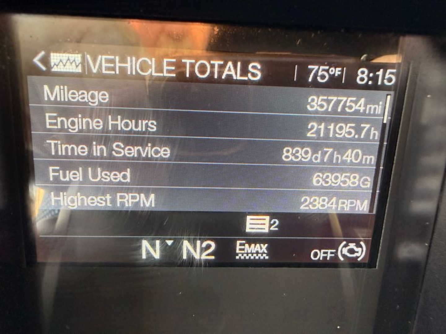 Vehicle totals display showing mileage 357754 mi, engine hours 21195.7 h, time in service 839d 7h 40m, fuel used 63958 gal, highest RPM 2384 RPM on Mack AN64T70 truck dashboard.