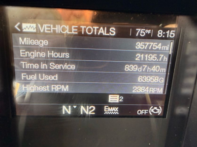Vehicle totals display showing mileage 357754 mi, engine hours 21195.7 h, time in service 839d 7h 40m, fuel used 63958 gal, highest RPM 2384 RPM on Mack AN64T70 truck dashboard.