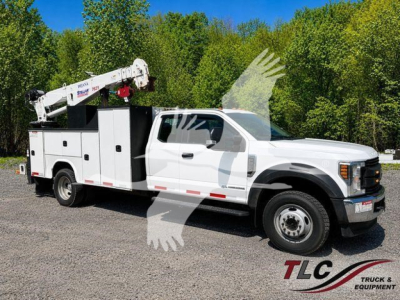2019 Ford F550 service/utility truck with bucket crane and multiple compartments in white