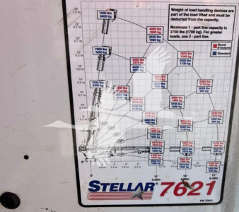 Service/Utility truck undercarriage diagram with load chart, Stellar 7621 branding, showing various load capacities and arm lengths.