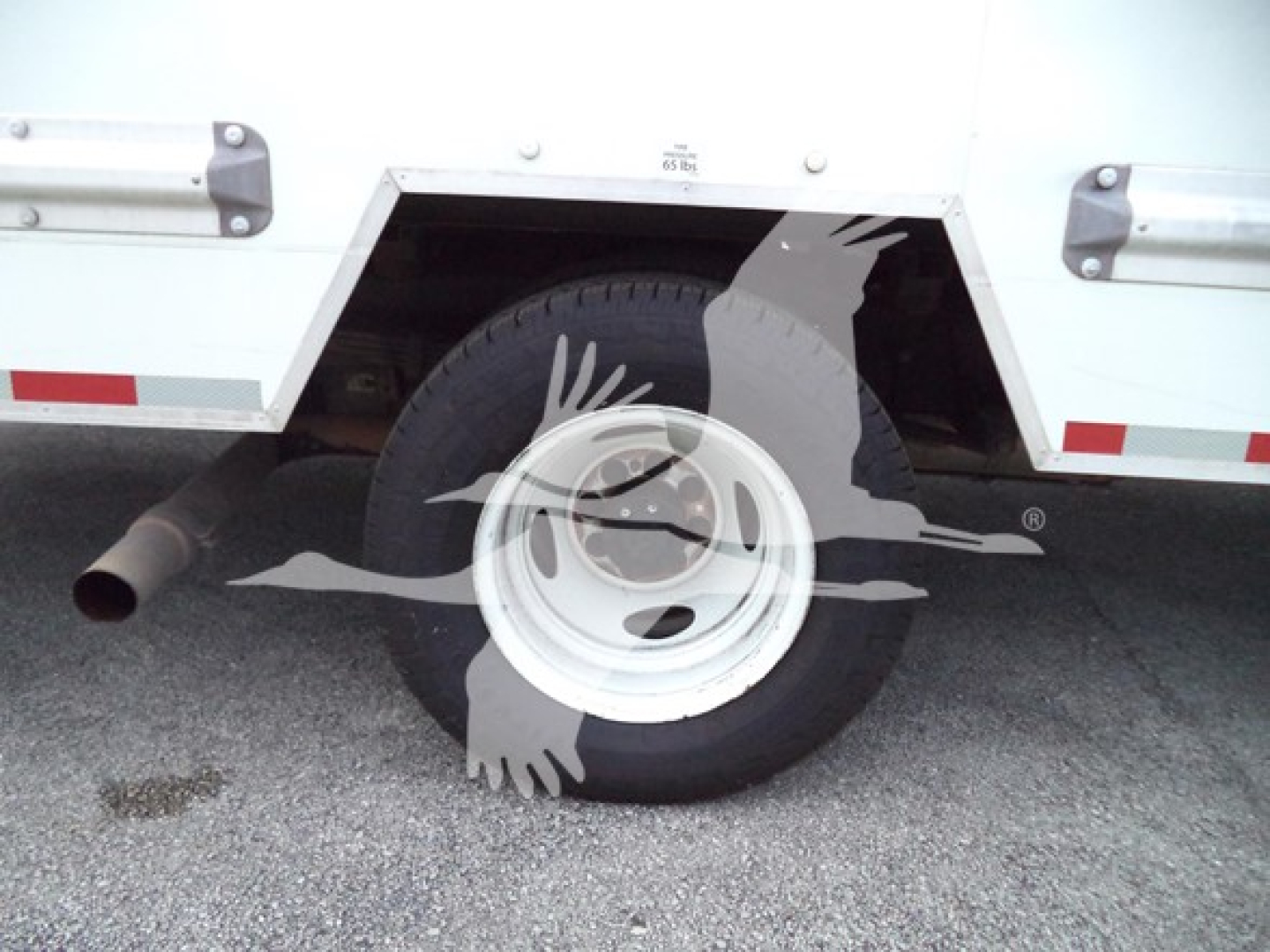Ford E-350 wheel and rear cargo area showing wheel, tire, and side panel with stock hardware.