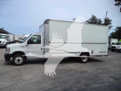 Ford E-350 box truck side view showing large cargo box and cab with white and gray color.