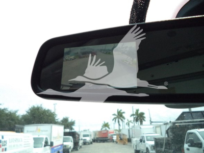 Rearview mirror reflecting dealership lot with trucks and palm trees in distance.