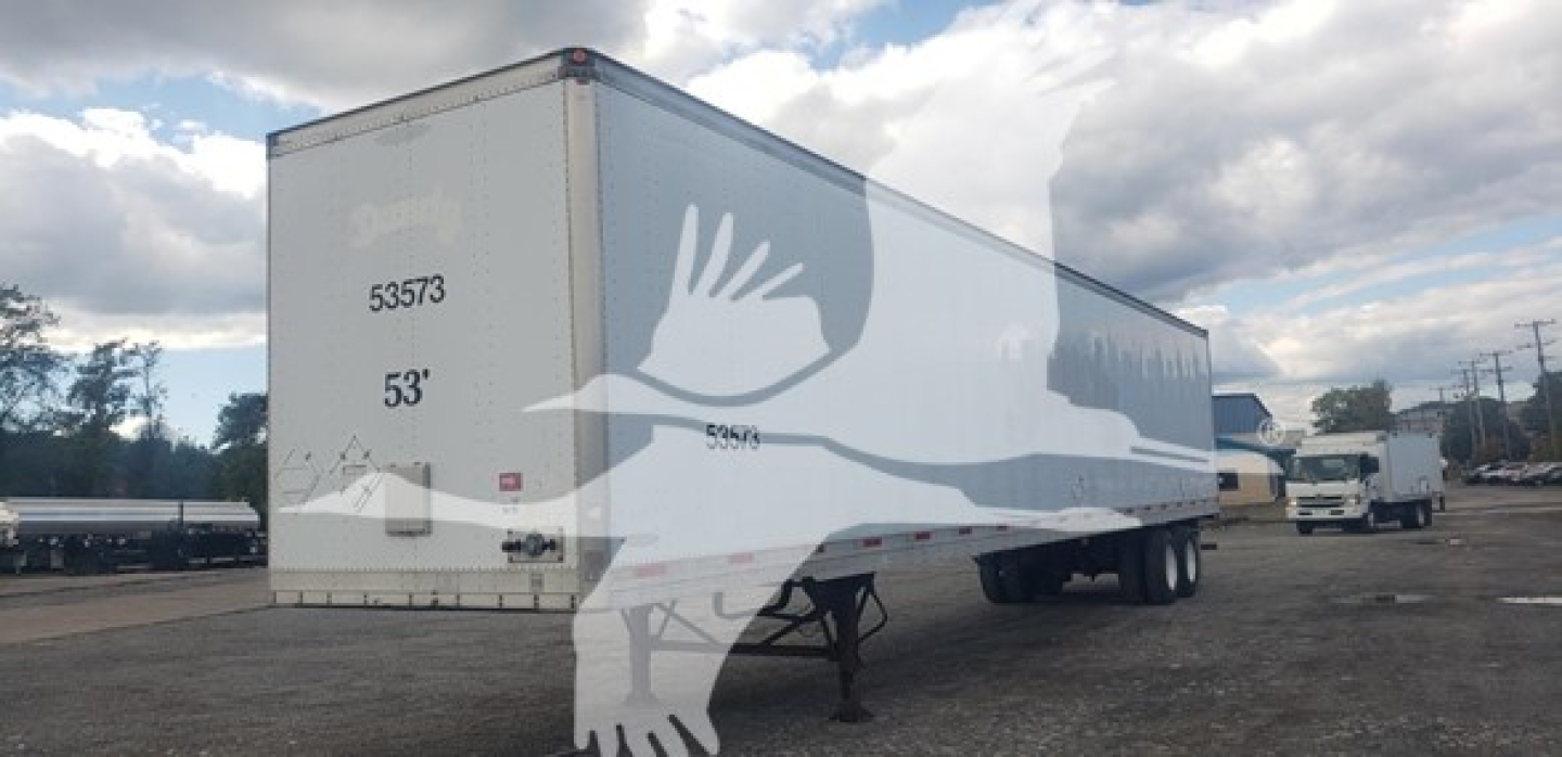 Trailer showing a 53' dry van with side views and supporting legs, white exterior with measurement markings on front left and rear.