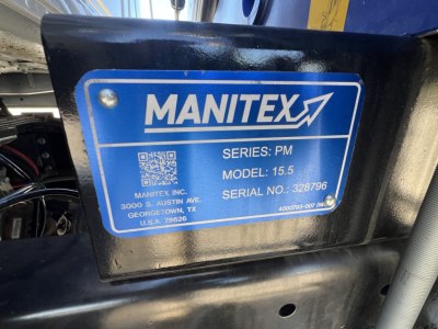 Manitex label on boom crane showing SERIES: PM MODEL: 15.5 SERIAL NO: 328796 with address in Georgetown, TX.