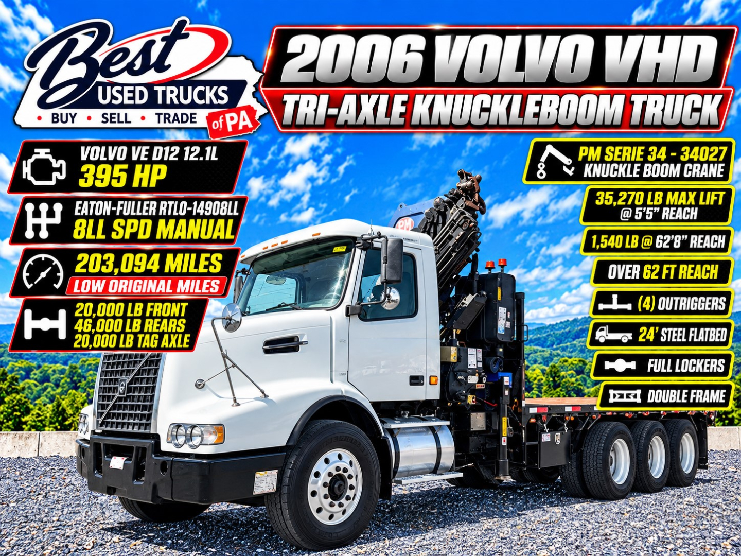 Volvo VHD crane truck from 2006 showing 395 HP engine, 203,094 miles, knuckleboom crane, dual rear tires, and lift capacity labels along the side.