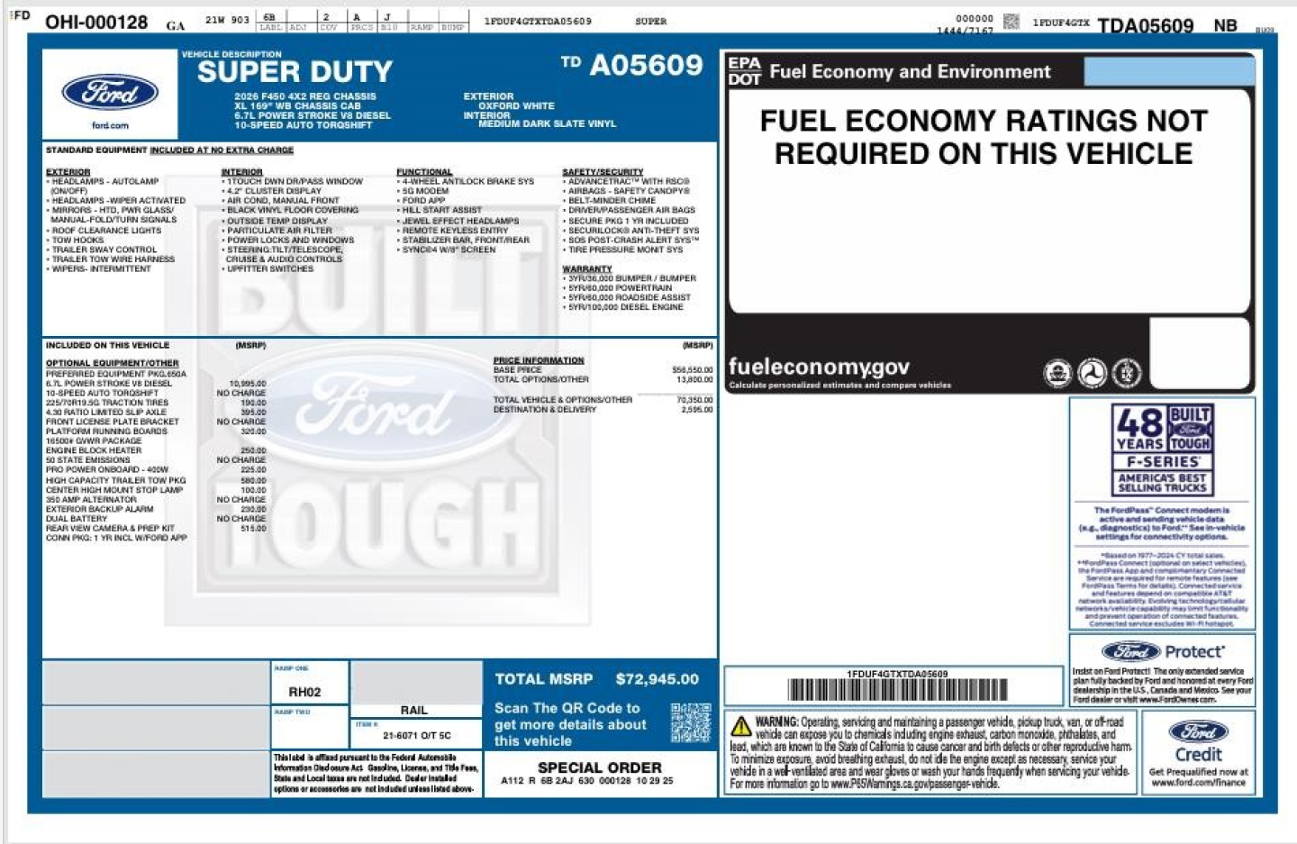 Ford Super Duty F-450 cab and chassis window sticker showing MSRP and Vin details.