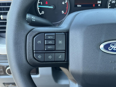 Ford F-450 cabin and steering wheel with control buttons on left spoke showing cruise control and volume icons, dashboard visible