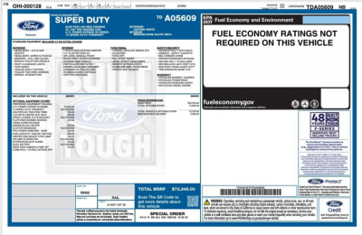 Ford Super Duty F-450 cab and chassis window sticker showing MSRP and Vin details.