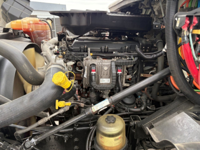 Engine bay of a 2019 International LT truck showing yellow oil dipstick and caps, hoses, and batteries in view.