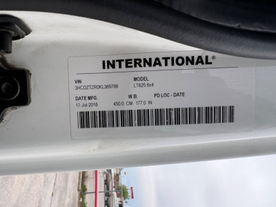International VIN sticker on door jam showing VIN 3HCDZTZR0KL369766, MODEL LT625 6x4, DATE MFG 17-Jul-2018, WB/L 177.0 in, 4500 cm? 177.0 in wheelbase; barcodes beneath.