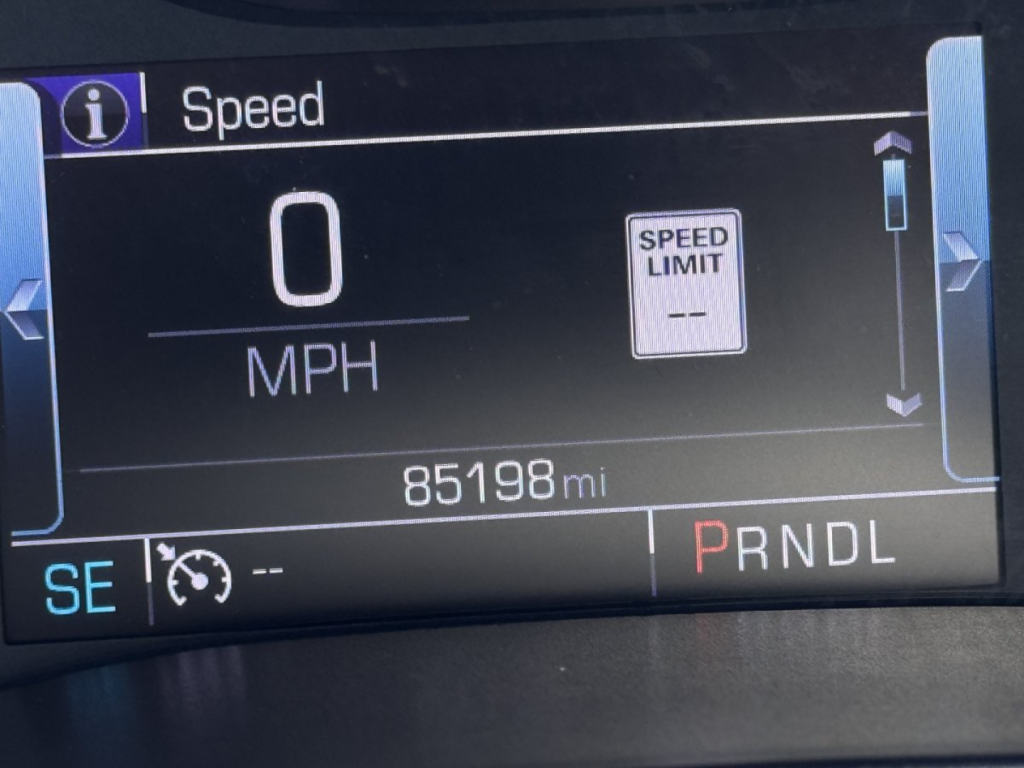 Chevrolet Colorado dashboard display showing 0 MPH speed, 85198 miles, PRNDL gear indicator, and SE gauge label.