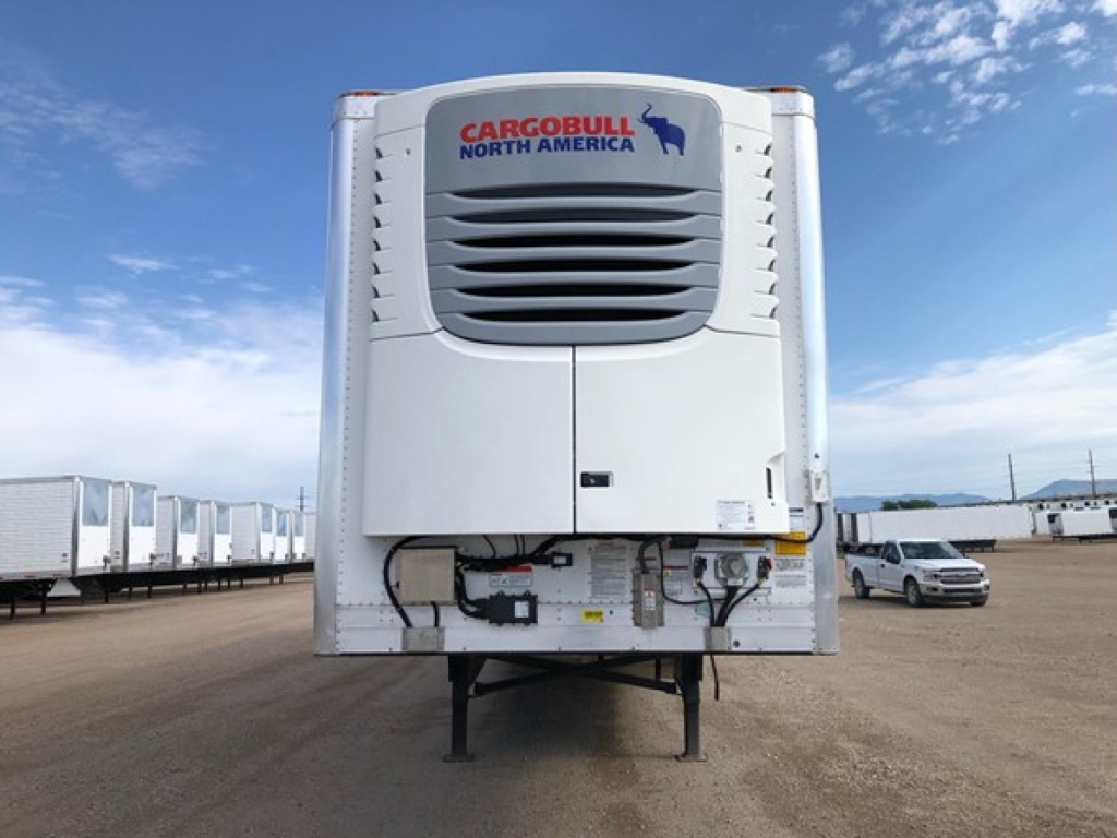 Utility 3000R W refrigerated trailer rear view showing CARGOBULL NORTH AMERICA logo on condenser unit.