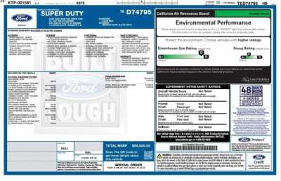 Ford Super Duty window sticker for 2026 Ford F-250 SD showing MSR pricing, stock number 351112, VIN 1FT7W2BA6TED74795, exterior color not readable, environmental performance and GVWR info visible.