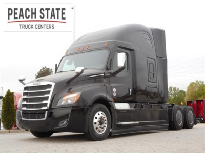 Freightliner Cascadia 126 tractor unit in black, side view, sleeper cab with chrome accents and dual rear axles, stock number 350148 visible.