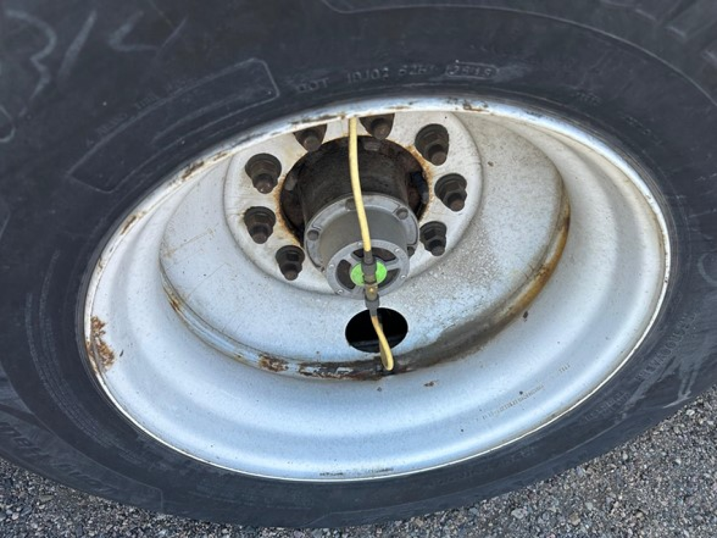 Wheel and tire on a Hyundai trailer rim showing a central hub and stud holes, with a green and black cap and a yellow zip-tie.