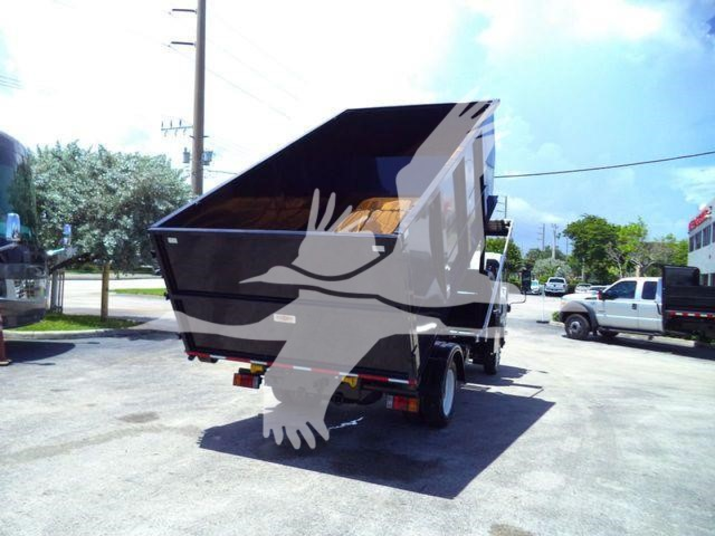 Isuzu NPRR dump truck rear/side view showing cargo bed and tailgate.