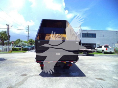 Rear view of a 2024 Isuzu NRR roll-off truck with a dump bed, showing the back of the truck and the roll-off container.