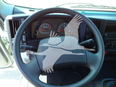 Isuzu NPRR dashboard and steering wheel view inside cab showing gauge cluster and steering column.