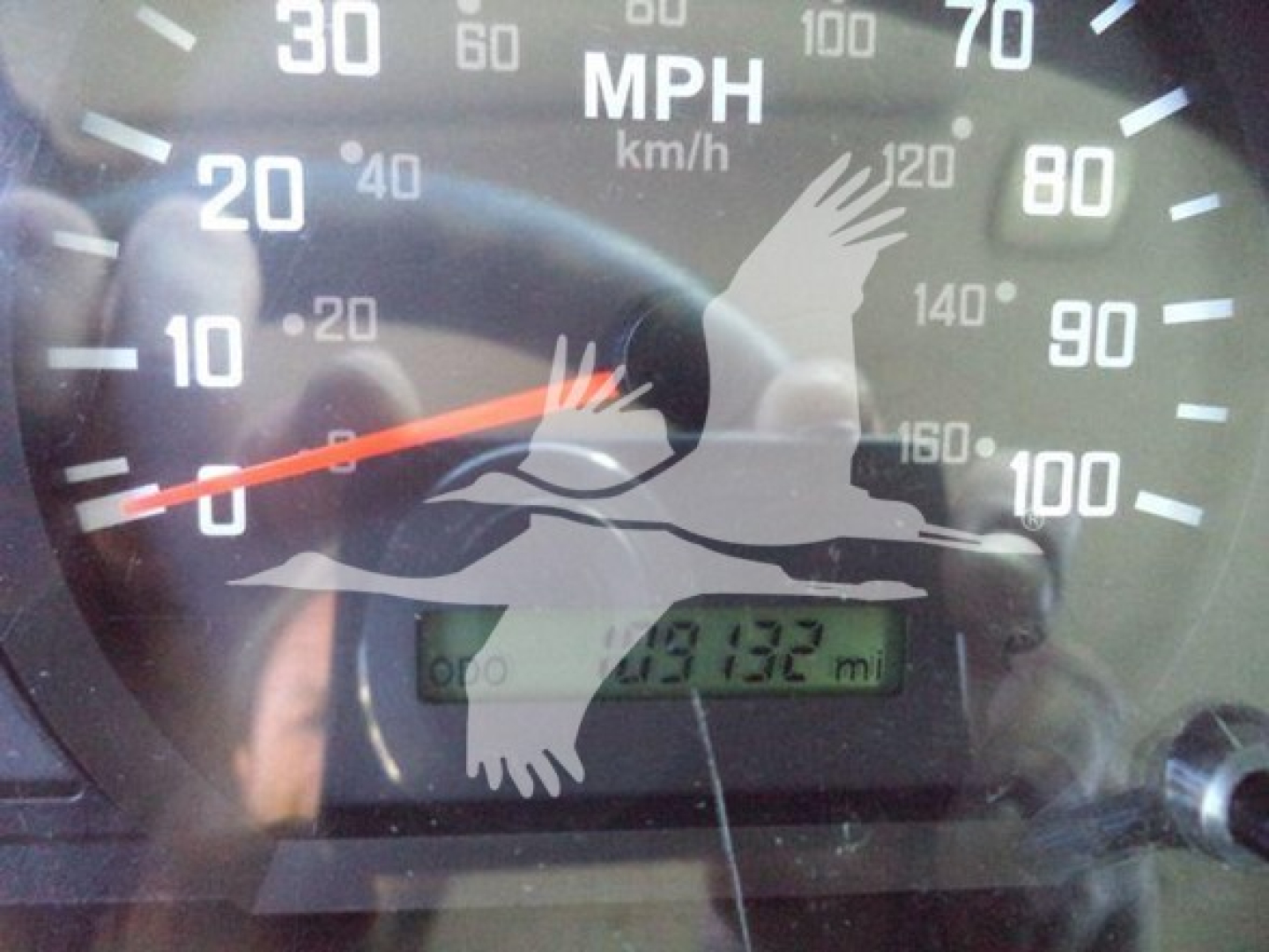 Isuzu NPR HD truck gauge cluster showing speedometer and an odometer reading 149132 miles, with a reflection of a hand in the glass.