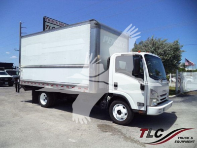 Isuzu NPR HD box truck side/front view showing cab, cargo box, and wheel; VIN 54DC4W1B3LS802583 visible with stock tag T02583.