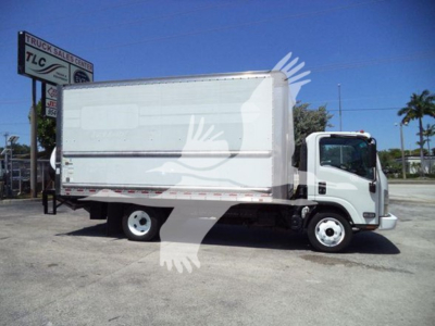 Isuzu NPR-HD box truck side view showing cargo box and cab with white exterior.