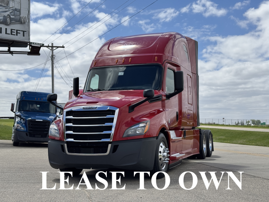 2019 Freightliner Cascadia 126 tractor truck, red cab, front grille, side mirrors, white text 'LEASE TO OWN' overlaid on image.