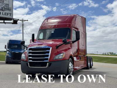2019 Freightliner Cascadia 126 tractor truck, red cab, front grille, side mirrors, white text 'LEASE TO OWN' overlaid on image.