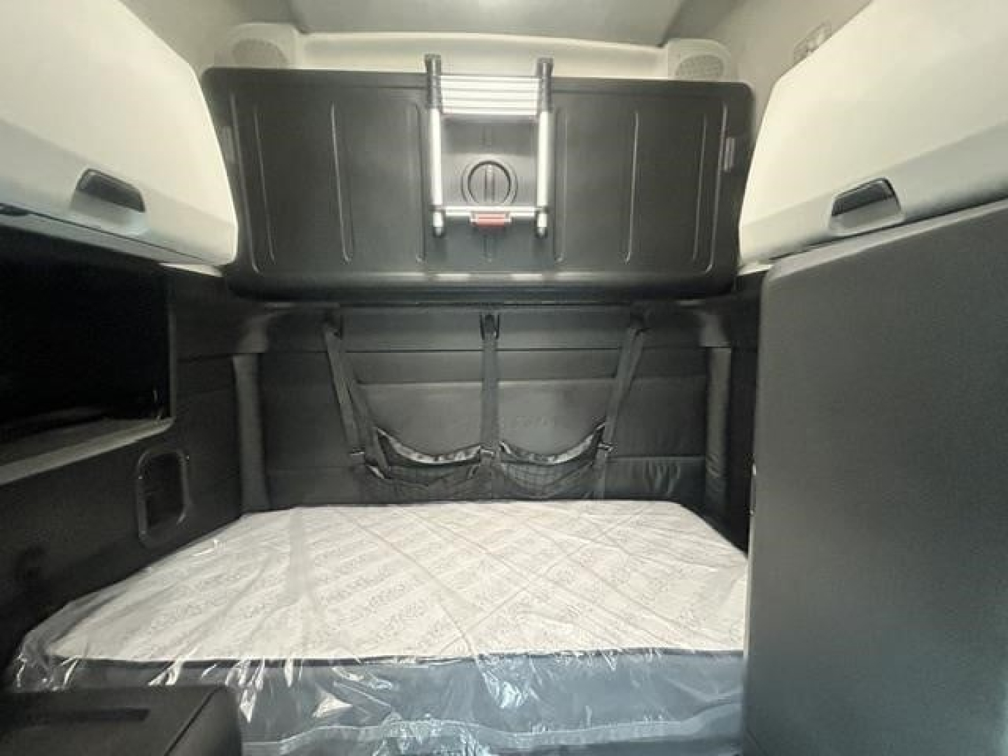 Freightliner Cascadia 126 sleeper cab interior cargo area with bunk bed mattress visible and storage compartments