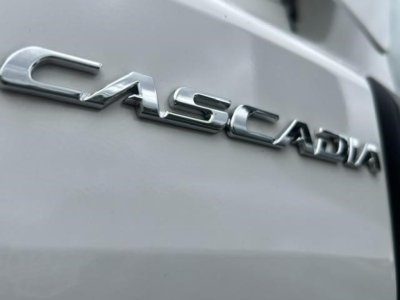 Casadia Cascadia emblem on a Freightliner truck tailgate showing the CASTADA badge on a metallic surface.