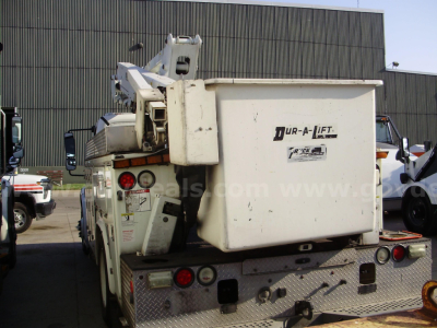 Freightliner M2 106 bucket truck rear view showing underbody diamond plate and cargo bucket with 'UR-A-LIFT' label.