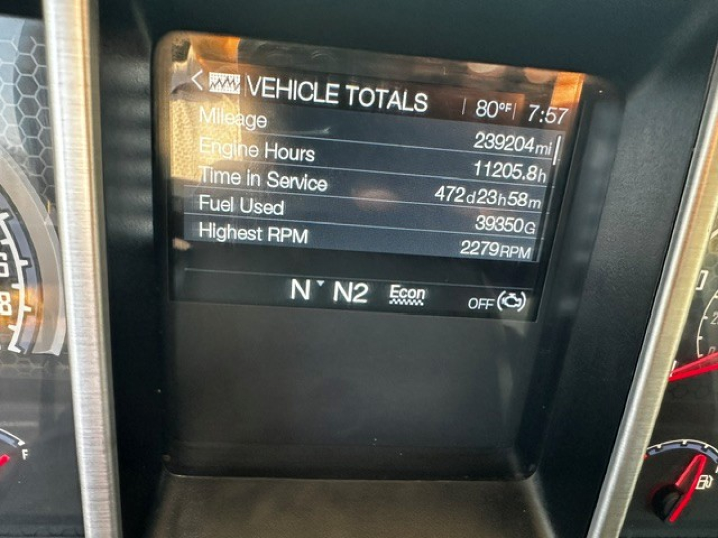 Vehicle totals screen in Mack Anthem showing mileage, engine hours, time in service, fuel used, and highest RPM.