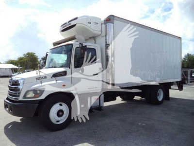 Truck in-service 2015 Hino 268A refrigerated box truck with freezer unit on cab roof and side-and-rear advertisements, front three-quarter view.