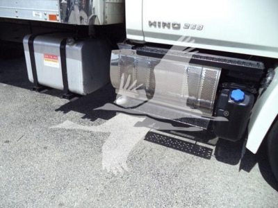 Hino 268A truck side showing fuel tanks and side steps with metal mesh guard and blue cap; visible HINO badge on cab; refrigeration truck category.