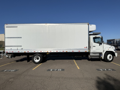 Side view of a white refrigerated 2021 Hino 338 box truck with VIN 5PVNV8AV2M5T50139 and stock number 0628579 visible.