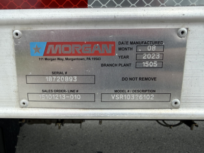 Morgan refrigerated truck identification plate showing Date Manufactured 08 2023, Model VSR10326102, Serial 18720893, Branch Plant 1505, Do Not Remove.