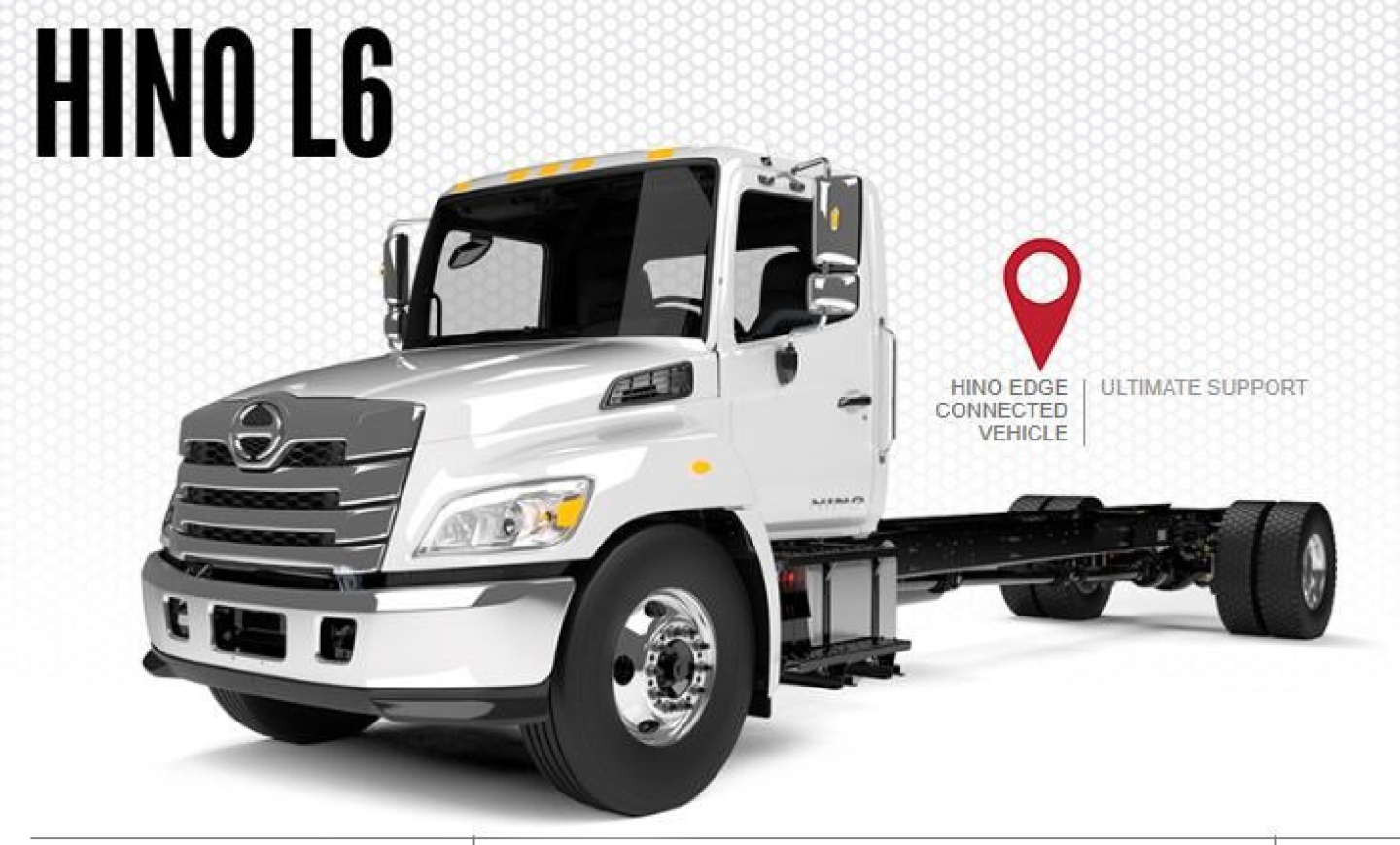 Hino L6 box van truck front view with cab and chassis, showing Hino L6 branding text on left and vehicle imagery.