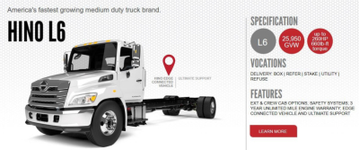 Hino L6 box van truck graphic with specifications panel showing L6 badge, 25,950 lb GVW, and up to 3600 MPH torque (illustrative).