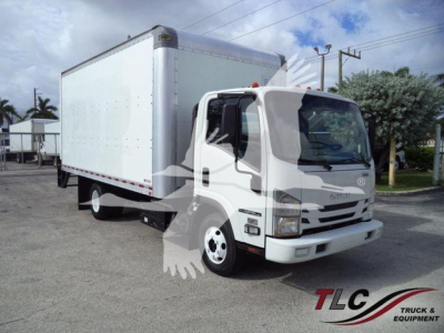 Isuzu NPR-HD box truck in view showing cab and cargo box with white exterior.