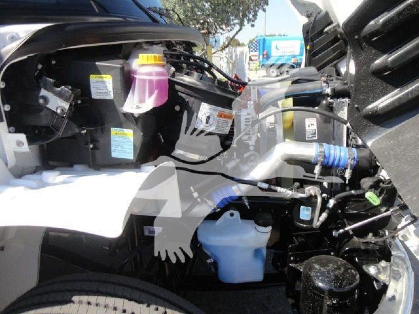 Truck engine bay showing coolant reservoir, pink power steering/DEF reservoir, yellow warning labels, blue hose clamps, and various hoses in a Freightliner M2 106 cockpit area.